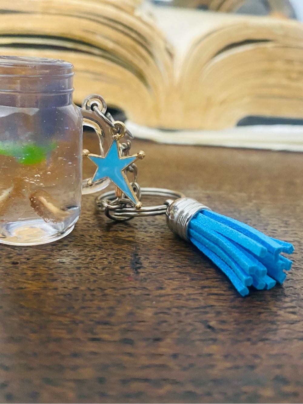 Mason Jar Blue Tassel Keychain with Star Charm